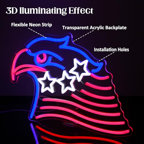 Image of Patriotic Eagle Flag Neon Sign USA Stars and Stripes Light for Wall Decor | Dimmable 4th of July Neon Sign, Acrylic Eagle LED Neon Lights for Bedroom, USB Powered, Memorial Day American Eagle Day Decor