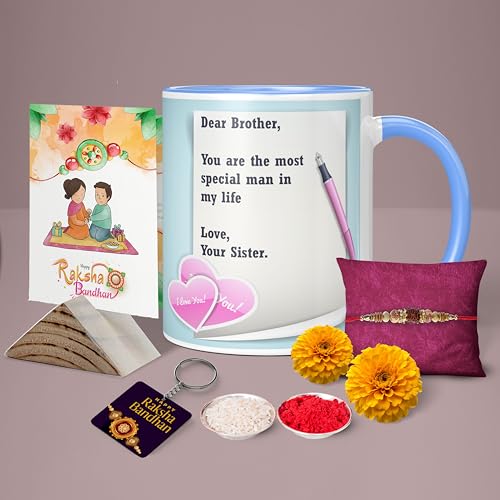Image of NH10 DEISGNS Raksha Bandhan Gifts Pack for Brother, Combo Gift Pack of Designer Rakhi, Printed Coffee Mug, Happy Raksha Bandhan Greeting Card, Roli Chawal Combo Set (Pack of 5)(RMCKRCG704)
