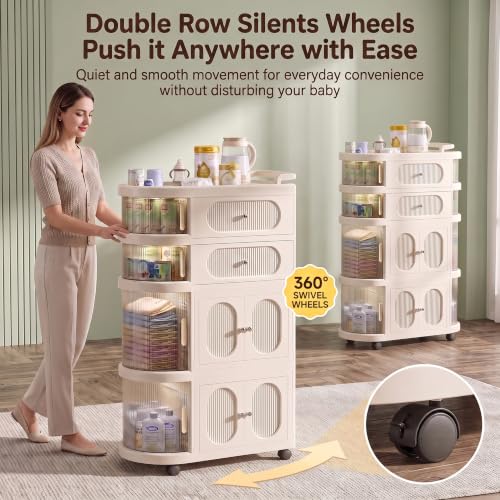 Image of StarAndDaisy Baby Storage Trolley with Wheels, 4-Tier Plastic Nursery Organizer with Drawers, Multipurpose Storage Rack for Baby Essentials, Diapers, Clothes, Toys (Transparent, Storage Cart)