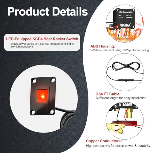 Image of 12V 250A Battery Disconnect Switch Kill Switch | KCD4 Illuminated Boat Rocker Panel Switch (AC 16A 250V /20A 125V) for Car Truck RV, 9.84 FT Cable, Prevent Battery Drain