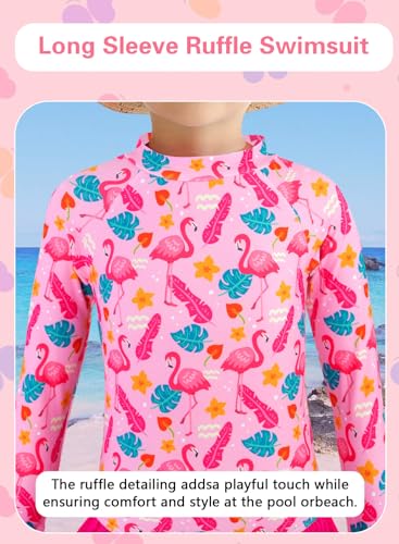 Image of Baby Toddler Girl Long Sleeve Ruffle Swimsuit One Piece Zipper Rash Guard Bathing Suit with UPF 50+ Sun Protection