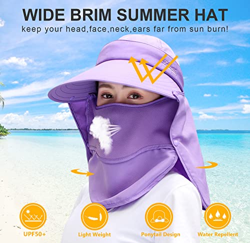 Image of Women Wide Brim Face Mask Sun Hat Detachable Neck Face Flap Ponytail UV Protection Visor Hat Garden Fishing Hiking