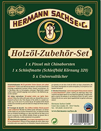 Zubehör-Set aus Schleifmatte K 320 für Holz mit Pinsel aus Chinaborste und 5 Tüchern für die Verarbeitung von Holzöl