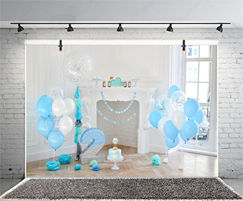 Qinunipoto 写真撮影用 背景布 撮影用 背景 happy birthday 誕生日 白の背景 青い風船 二歳 少年の誕生日 屋内写真の背景 誕生の背景 パーティーの背景 写真背景布 撮影 小道具 人物撮影用 ビニール 1.5x1m