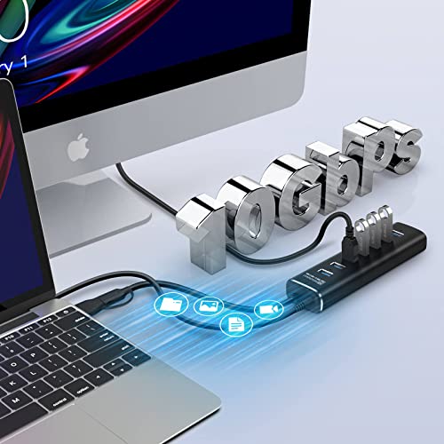 Image of USB 3.2 Hub Active with Power Supply, RSHTECH Aluminium USB Hub 3.1 Gen2 with 7 x USB 3.2 Data Ports (10 Gbps), 2-in-1 Data Cable (Type A & C, 100 cm), 24 W (12 V /2 A) Power Supply, 7-Port Data Hub
