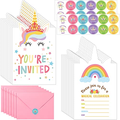 Otop 24 Pack Unicorn Birthday Invitation for Girls Boys Party Invitation 24 Envelope 24 Sticker Labels Pink Envelope Sticker Labels Kit Supplies for Birthday Baby Shower