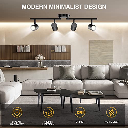 Vanoopee 5-Color 4 Light Black Led Track Lighting Fixtures Ceiling For Kitchen, Dimmable Track Lighting Kit, Ceiling Spotlight Flush Mount Adjustable Directional Spot Lights Indoor, Cri90 2400Lm 30W #TOP5