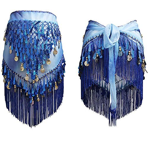 Lauthen.s Belly Dance Hip Scarf With Tassels Sequins, Triangle Coins Wrap Skirt Music Festival Clothing Royal Blue #TOP2
