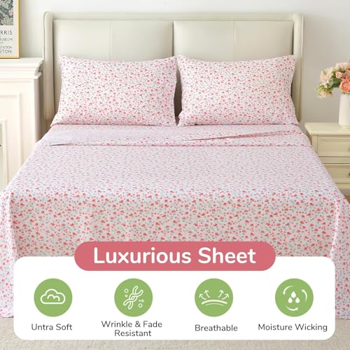 Image of MUXHOMO Full Size 4 Piece Sheet Set, Soft Breathable Bed Sheet Set for Bedroom with Deep Pocket Up to 16 inch, Wrinkle-Free & Cooling Bedding for Oeko-TEX Certified - Rose Bloom