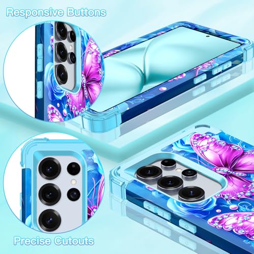 LONTECT for Galaxy S24 Ultra 5G Case Shockproof 3 in 1 Heavy Duty Rugged Hybrid Sturdy High Impact Drop Protective Cover Flower Case for Samsung Galaxy S24 Ultra 5G 2024,Sky Blue - image 5