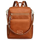 S-ZONE Genuine Leather Women Backpack Purse Vintage Fashion Shoulder Bag Travel Rucksack Daypack with Tassel Luggage Sleeve Cognac