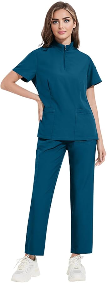 Scrubs Set for Women Stand-Up Collar Zipper Top with Four Pockets Stretchy Yoga Pants Medical Care Work Uniform Beauty Salon DK50