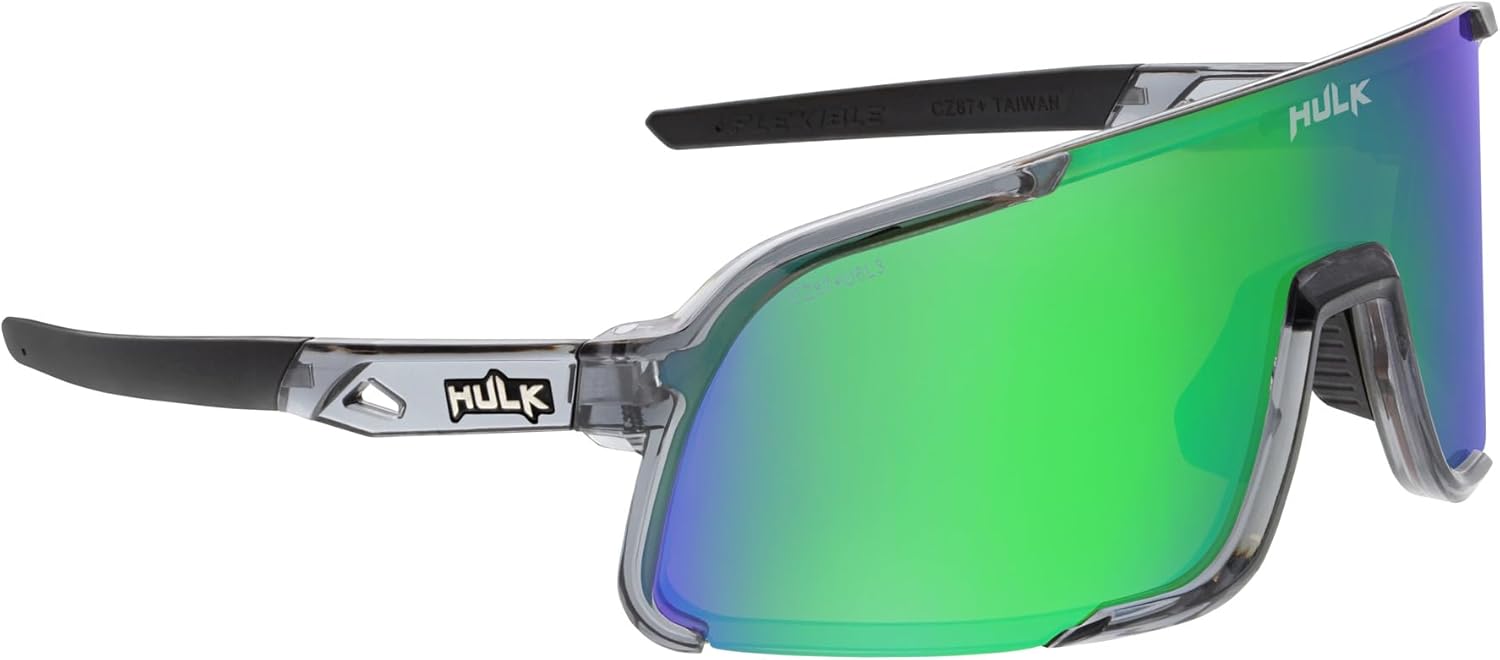 MCR Safety HK42BGP Hulk HK4 Safety Glasses with A Retro Single-Lens Design, Soft Adjustable Nose Pads and Arms and Scratch Resistant Coating, Crystal Gray Frame, Green Mirror Lens