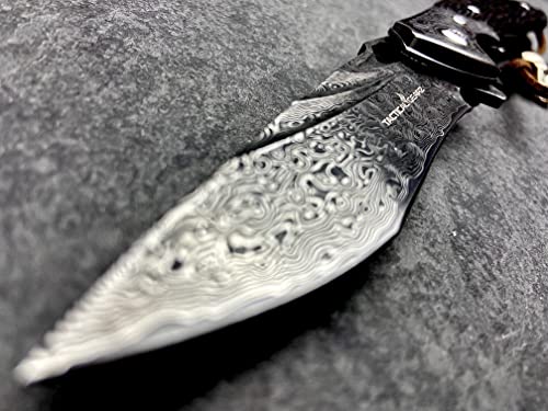 Tactical Gearz Damascus Ebony Edc Pocket Knife, Kratos Xt! Ebony W/Steel Head Handle! Damascus Blade W/Vg10 Core & 67 Layers! Ball Bearing Pivot System! Includes Custom Leather Sheath! #TOP1
