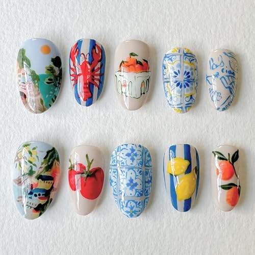 RIICFDD Holiday Nails Almond Press on Nails Short Fake Nails Fruit Acrylic Nails Shrimp Nails Press ons with Blue White Stripe Design Full Cover Glossy Glue on Nails for Women Artificial Nails 24 Pcs