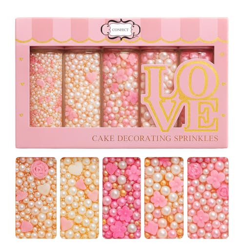 Confect Pink Mini Roses I Silver Hearts & Vermcelli and White Pearls | Anniversary Sprinkles | Sprinkles for Baking & Cake Decorative | Edible sprinkles - Vegan, Gluten-Free, Nut-Free, Soy-Free, Dairy-Free , Handcrafted Sprinkle 5 Oz