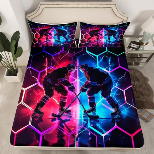 jejeloiu Ice Hockey Bedding Set Queen Size Kids Hockey Player Fitted Sheet for Boys Girls Teens Winter Event Ball Bed Sheets Set Soft Microfiber,No Flat Sheet