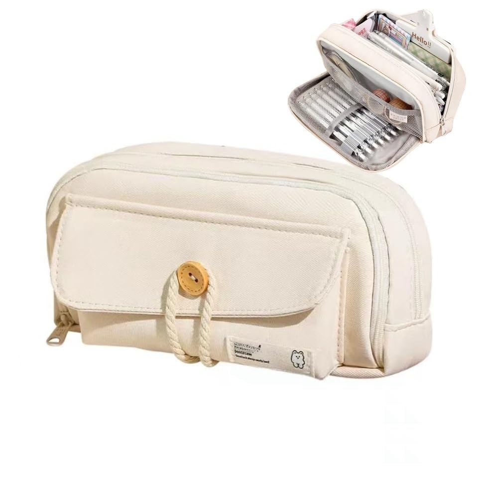 Zibuyu® Aesthetic Pencil Pouch for Girls & Boys Double Layer Zip-Up School Pouch, Canvas Pen Storage Organizer Fashion Stationery Pouch for Students, Office Supplies(21x11x7.5cm, Beige)