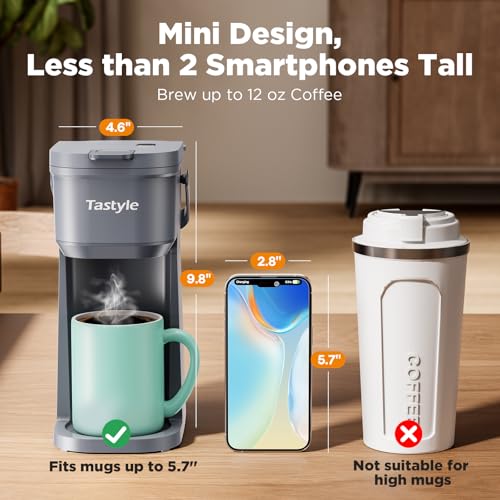 Image of Tastyle Single Serve One Cup Coffee Maker, for K Cups and Grounds, Mini Coffee Maker with Portable Handle, 6 to 12 Oz Brew Size, for Travel, Camping, Office, RV and Dorm, 120V, Cool Gray