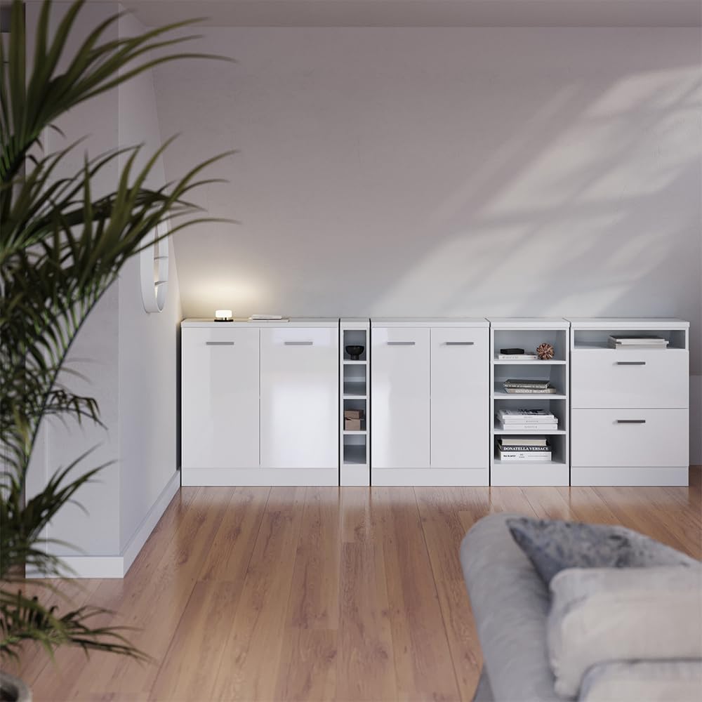 Vicco Meuble de Rangement sous Pente Rion, Blanc Haute Brillance/Blanc, L60 x P60 cm avec 2 Portes, Gain de Place pour Les pièces mansardées