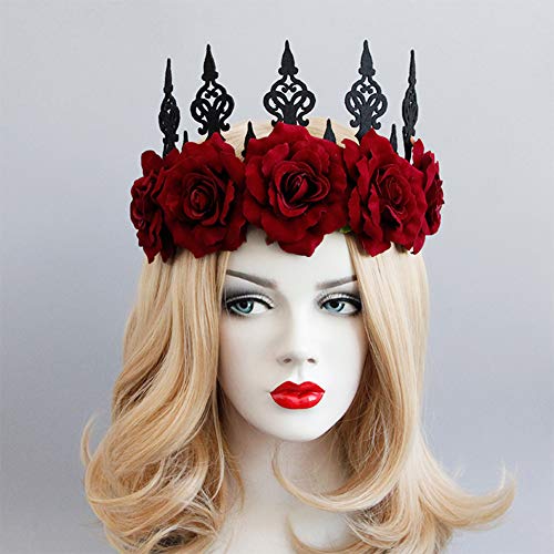Rose Crown Flower Headband Wreath for Women Girls Ladies Floral Headwear Gothic Hair Band Hair Hoop Fancy Dress Up Costume Accessory Cosplay Party Halloween Hairband Decor Photography Props - Image 3