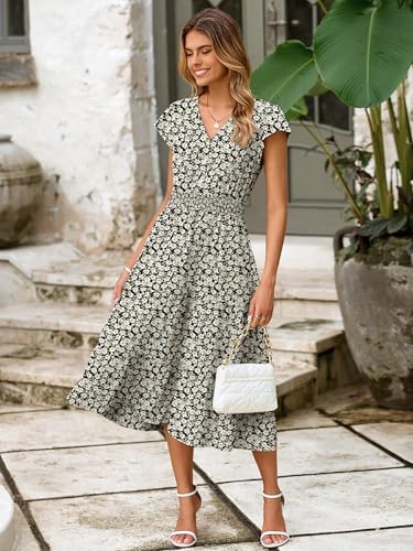 Image of BerryGo Women's Floral Boho Ruffle Summer Midi Dress Short Sleeve V Neck Empire Waist Swing Flowy Dress