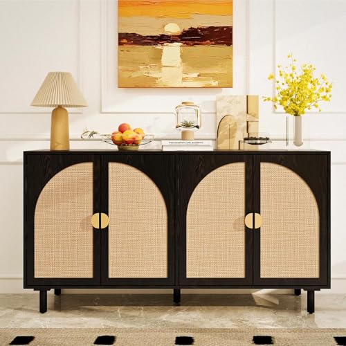 Image of mixtavie Black 4-Door Rattan Buffet Cabinet-Sideboard Buffet Cabinet with Storage, Accent Sideboard Cabinets-Wood Credenza with Cane Door, Boho Style Console Table for Dining Room & Living Room