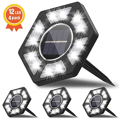 Fenvella Luci Giardino 12 LEDs, Luci Solari per Giardino IP67 Impermeabile, Faretti Sepolta per Prato Scala Paesaggio Strade, Bianco (4 Pezzi) [Efficienza Energetica A+++]