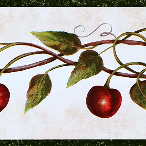 FAM65111B - Rollo de papel pintado para jardín (1 rollo de papel pintado, cerezas y hojas, diseño de cabaña y cocina, color rojo, beige y verde, tamaño de 4 pulgadas x 15 pies) Cover