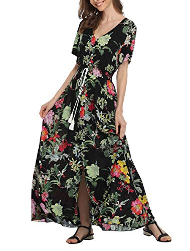 Image of VintageClothing Women's Floral Maxi Dresses Boho Button Up Split Summer Casual Long Dress Beach Party Dress