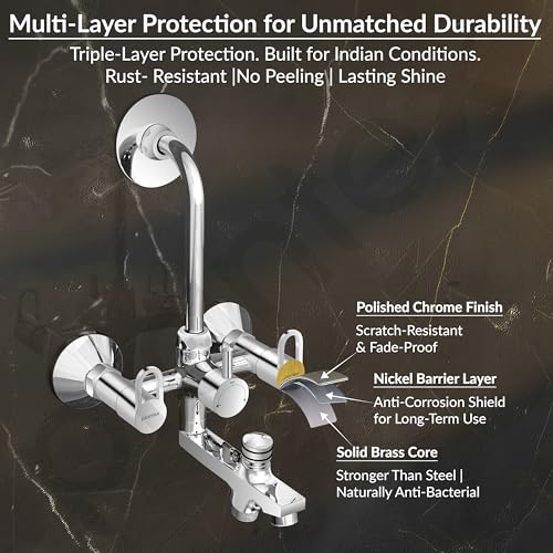 Image of Plantex Brass Wall Mixer for Bathroom 3 in 1 /L-Bend Connector for Overhead /Hand Shower /Spout Mixer Tap /Mixture Tap for Bathroom with 7-Year Manufacturer's Warranty- (Flip, Chrome)