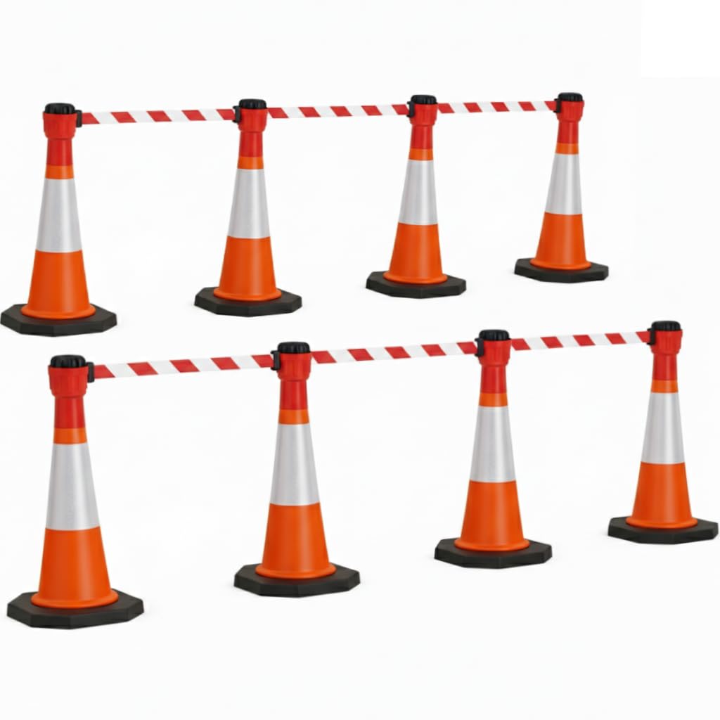Premium 750mm Traffic Cone & 10m Retractable Barrier Kit - Heavy Duty Safety Cones with 10 Meter Belt - Chapter 8 Compliant Hazard Barrier Pack (Red/White Barrier, 8 Pack)