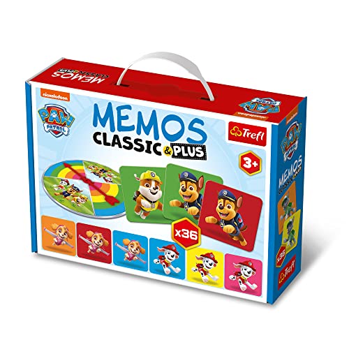 Trefl - Memos clássicos e mais, Paw Patrol - jogo educativo de memória para crianças pequenas, encontrar pares de imagens, várias variantes divertidas, escudo aleatório, para crianças a partir de 3