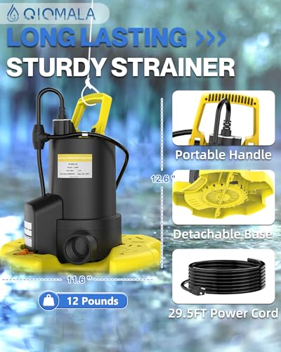 Qiomala PBB-YE Automatic Pool Cover Pump - 1.5Hp 4500Gph Pool Cover Pump Above Ground With Check Valve, 3 Adapters And 29.5Ft Extra Long Power Cord, Sump Pump Water Removal thumb #5