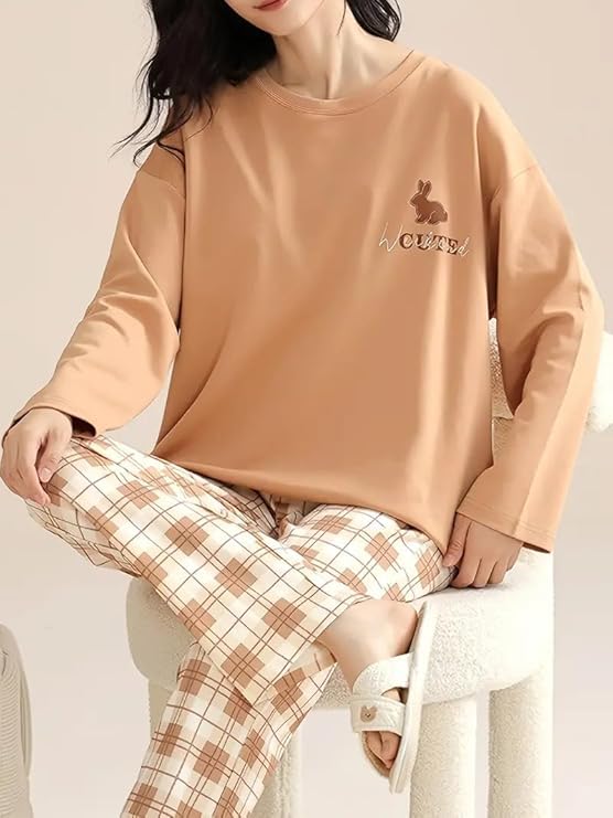 Image of LUXERUDRA Women's Pajama Set, Soft Breathable Korean Style Nightsuit with Top & Full Pants, Lightweight Loose Fit Nightwear & Loungewear for Girls & Women.