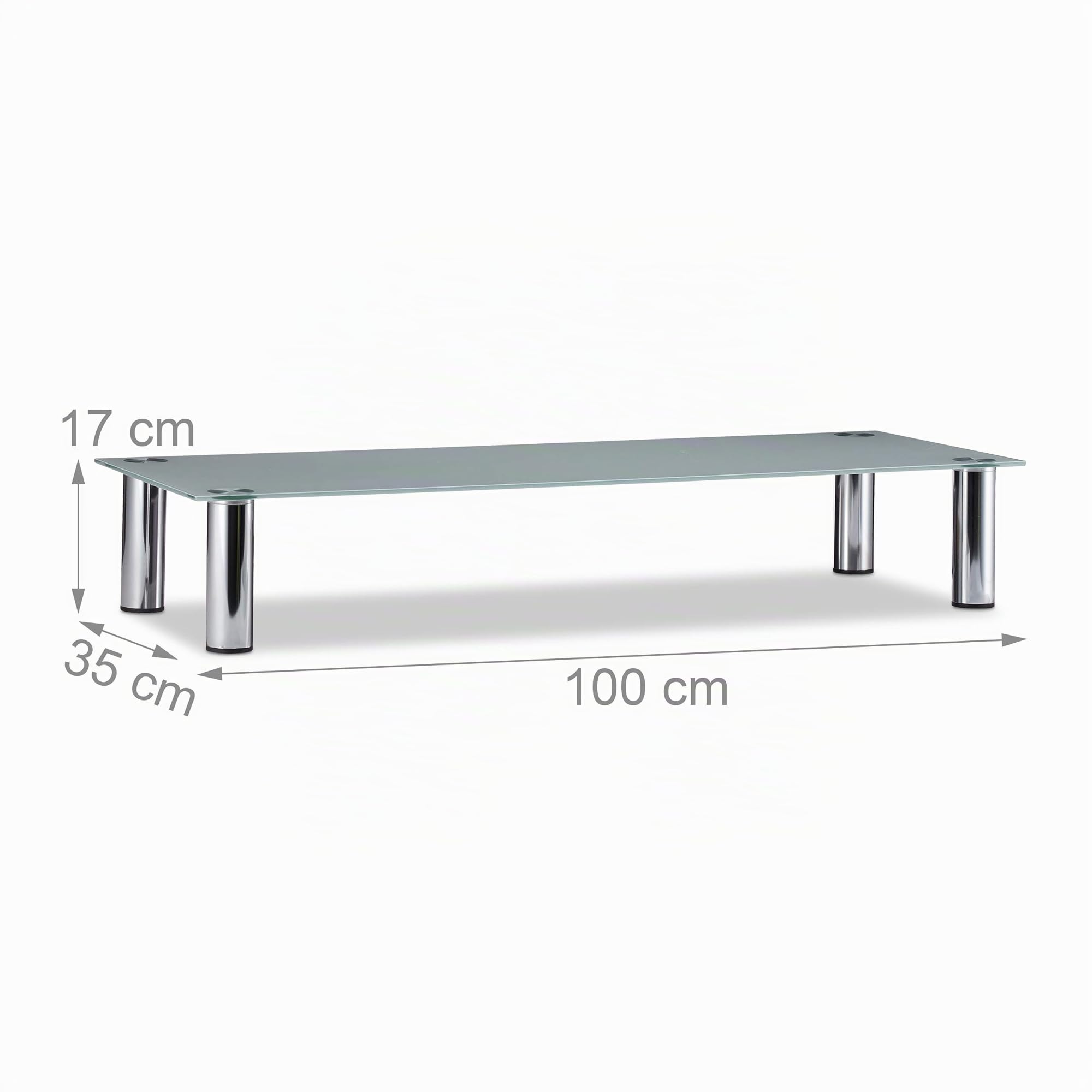 Relaxdays Tavolino TV Vetro, Gambe Metallo Cromato, Mobile Porta Televisione, Rettangolare, Ripiano, 100x35x17 cm, Bianco/Argento