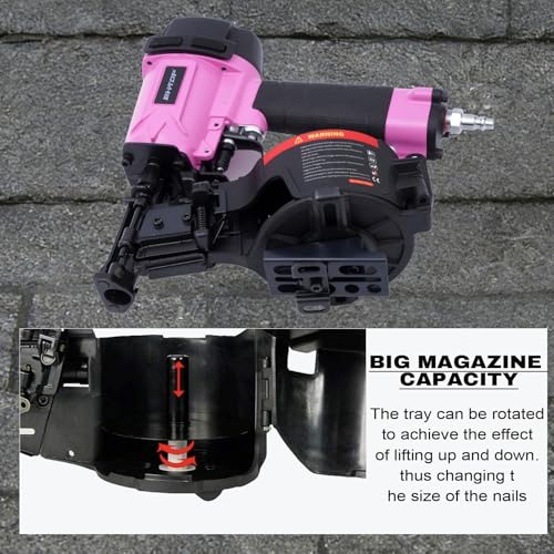 Image of CN45N Roofing Nailer, 15 Degree Roofing Nail Gun, 3 /4-Inch to 1-3 /4-Inch Coil Nails, 120-pcs Load Capacity Coil Nailer in Pink