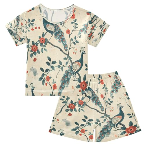 senya Peacock Bird Summer Pajamas Set Short Cotton Sleepwear 2 Piece