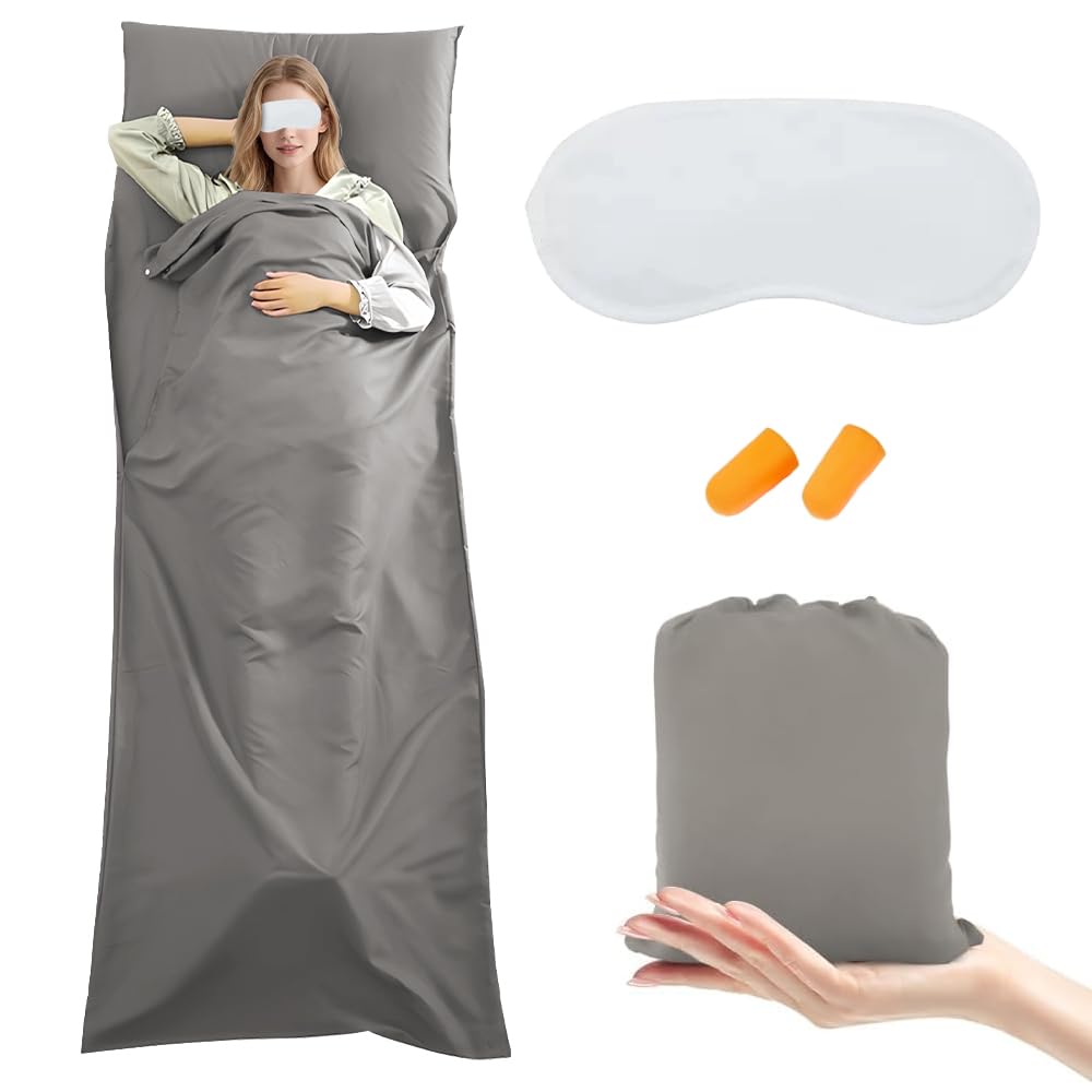 Jonuin Sleeping Bag Liner, 210 x 115 cm Sleeping Bag Liners, Lightweight, Soft & Portable Travel Sheet for Adults, Unisex Sleeping Bag Liner for Backpacking, Camping, Hotels, and Summer Trips (Grey)