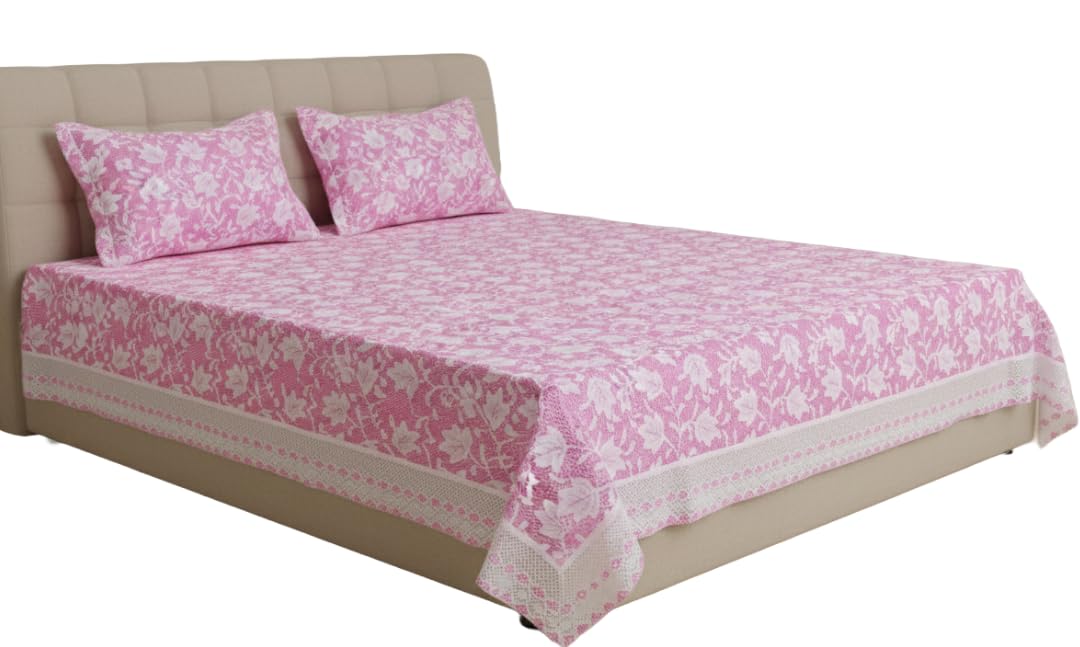 Trendy Pink Maple-Leaf Cotton Lace Bedspread with White Crochet Border | Cotton-Crochet Double Bedcover | 100inchX90inch(254cmX228cm) | Pack of 1-picture-49