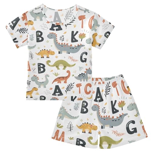 ALAZA Dinosaur Alphabet White Cute Pajamas Short Sleeve 2 Piece Sleepwear Top and Bottom Pajama Set Unisex
