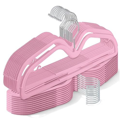 LemonRoad 50 Pack Short Neck Hangers Plastic Non-Slip, Rose Pink