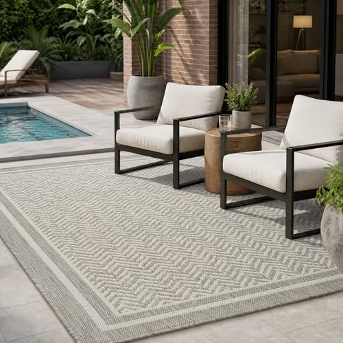 MontVoo-Outdoor Rug-Patio Rug 5x7 Polypropylene Indoor Outdoor Rugs Outdoor Carpet for Patio Deck Balcony Porch, Textured Weave, Durable for High Traffic, Fade-Resistant, Boho Farmhouse Neut