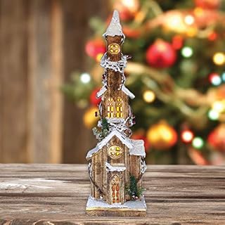 The Christmas Workshop 82730 Snow Topped Wooden Church | 3 Tier Indoor Christmas Decoration | 10 Warm White LEDs | Battery Powered | 75cm x 19cm x 12cm, Wood, 75cm House