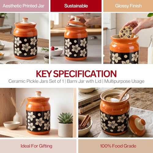 Image of Orange Floral Ceramic Handglazed Pickle Jars Set of 1-1000 ML Each | 1 kg Achaar Martban Barni Jar with Lid | Ceramic Storage Jar Container Pickle, Chatney