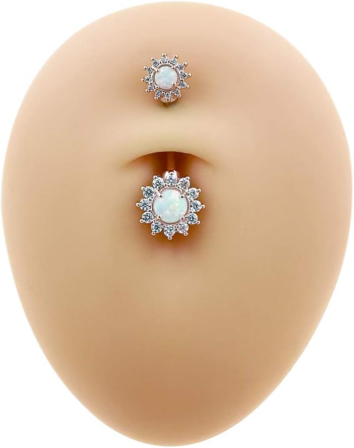 Excepro Belly Rings 316L Surgical SS 14G White Blue Sun Flower CZ Opal Body Jewelry Shiny Belly Button Rings - Image 6