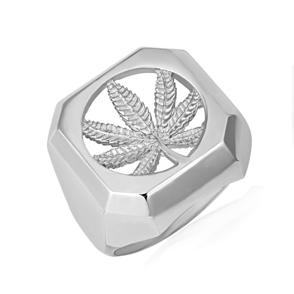 Men’s Solid 925 Sterling Silver 420 Pot Ganja Weed Cannabis Marijuana Leaf Signet Band or Pinky Ring, Available in Sizes 6-16