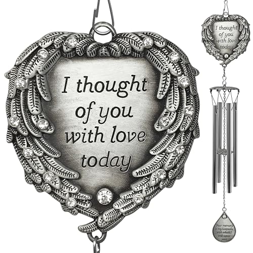 Memorial Wind Chimes - I Thought of You with Love Today Poem Engraved on This Wind Chime - Angel Wings Wrapped Around a Heart and Teardrop Charm - in Loving Memory Chimes - 23