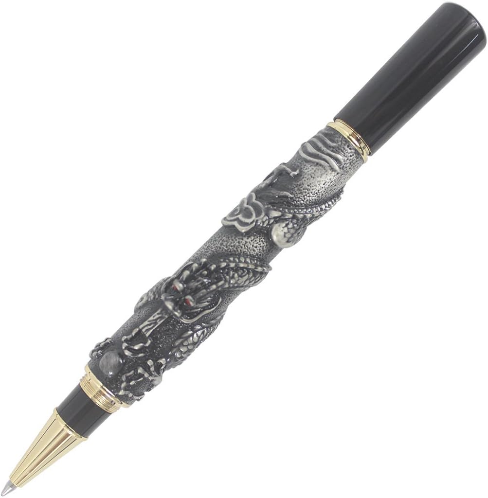 3D Carved Eastern Dragon Dragon Rollerball Pen, Screw-type Cap - Antique Silver