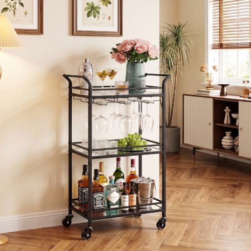 Image of VASAGLE Bar Cart, 3-Tier Shelf, Wine Holders, Glass Holders | Home Bar Serving Cart, 18.4 x 11.8 x 36.2 Inches, Small Spaces, Kitchen, Living Room, Black, BARIS Collection ULRC091B62